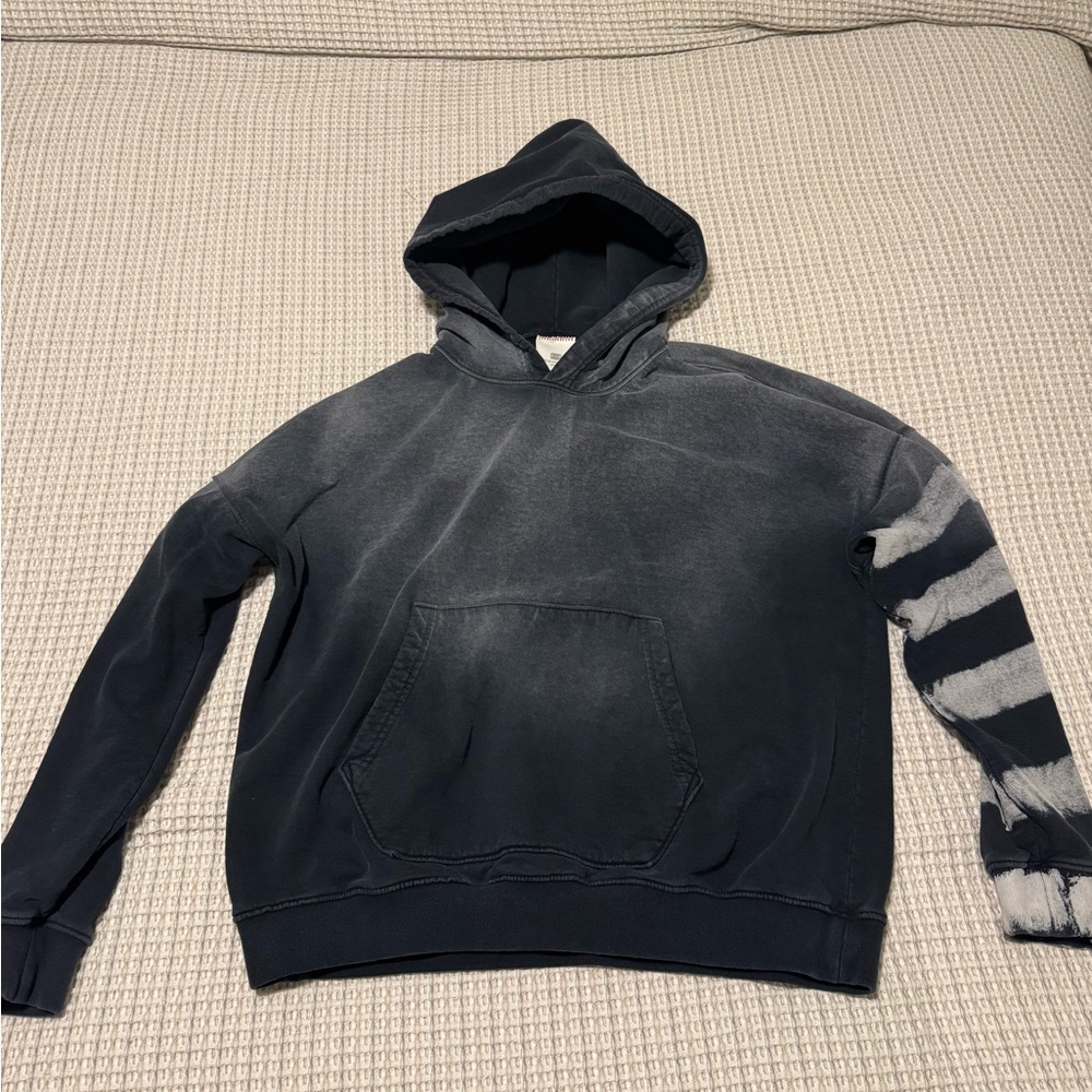 Men’s small MoojiMooji hoodie, faded navy blue with grey/white stripes on arm